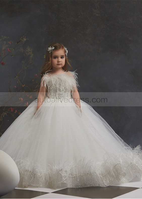 Ivory Sparkle Tulle Feather Flower Girl Dress